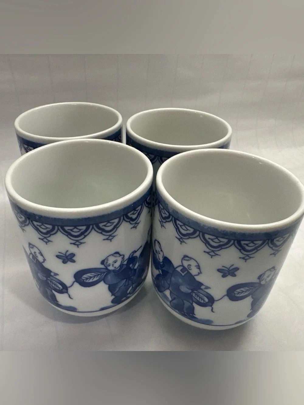 4 Vintage Japanese Tea Sake Cups Blue White Porcelain Karako Children Playing